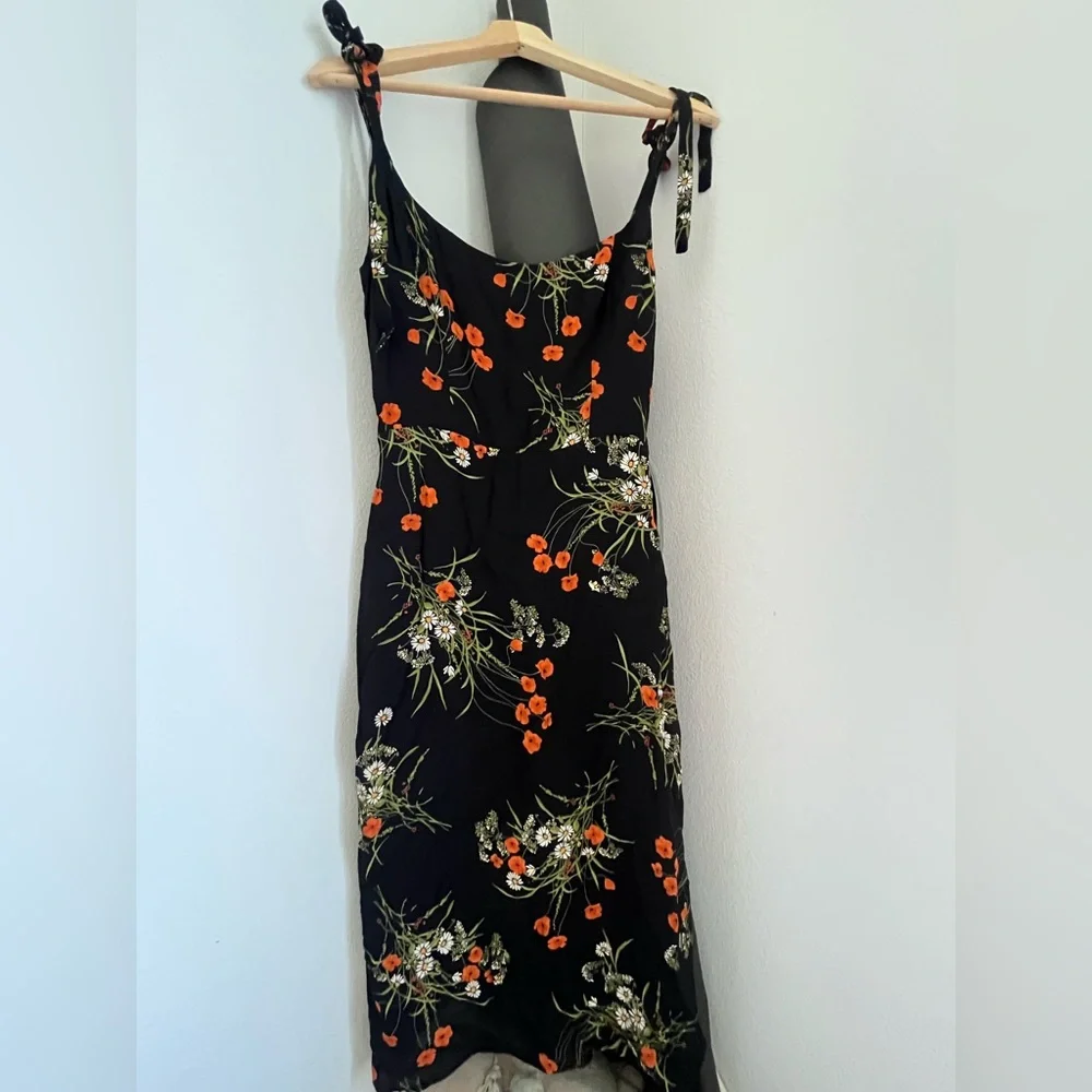 Reformation Besse Black Midi Dress with Orange Floral Print in 4 - Picture 4 of 7
